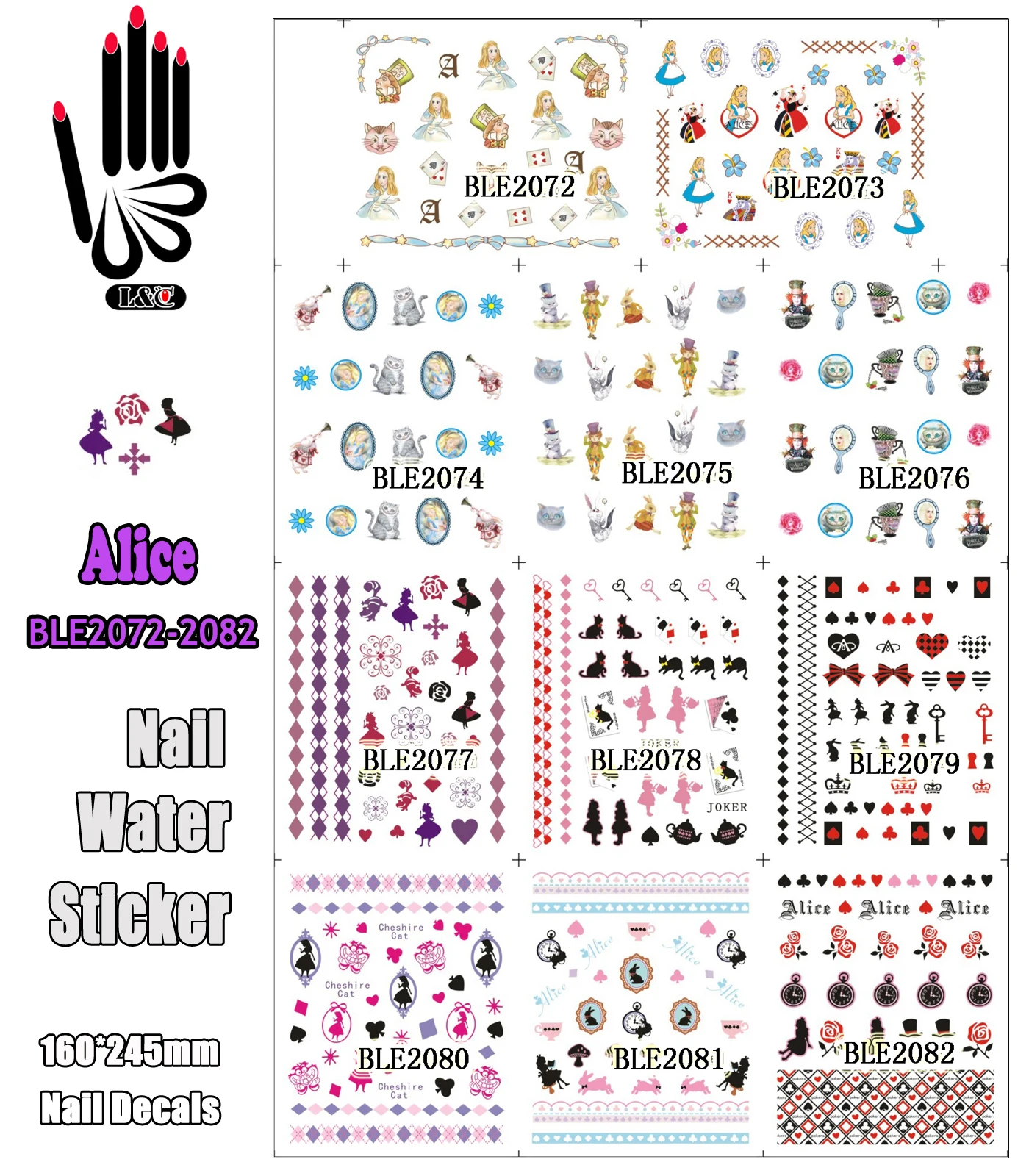 11 Листа/лот Стикер за вода BLE2072-2082 Стикер за дизайн на ноктите с шарките на Алиса и лък за декорация на нокти (11 ДИЗАЙНИ В 1) Изображение 0