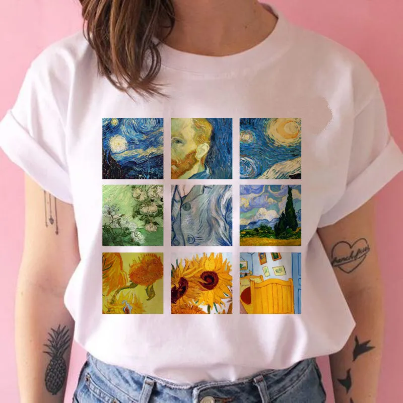 2021 Лятна дамска тениска MONA LISA Harajuku, дамски козметична тениска с кръгло деколте и забавно принтом Ван Гог, ежедневни тениски с Къс ръкав Изображение 0