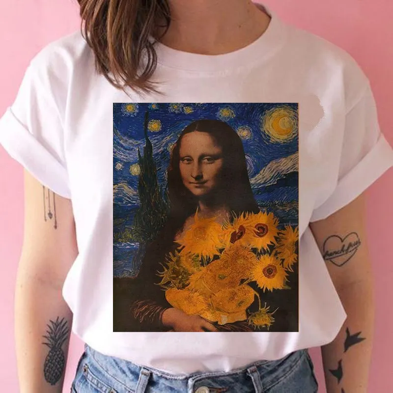 2021 Лятна дамска тениска MONA LISA Harajuku, дамски козметична тениска с кръгло деколте и забавно принтом Ван Гог, ежедневни тениски с Къс ръкав Изображение 2
