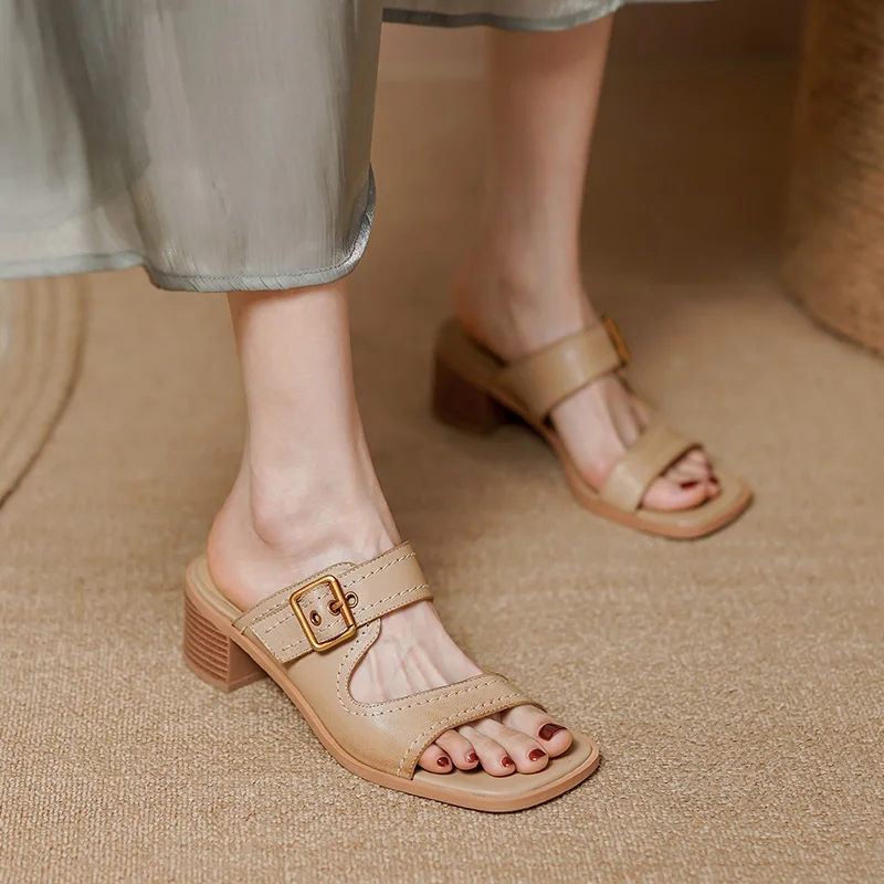 2022 Нови Дамски Сандали, чехли от естествена кожа, Модерен Лаконичен Удобни Ежедневни Пролет-лято обувки с Високи токчета, Дамски чехли Изображение 2