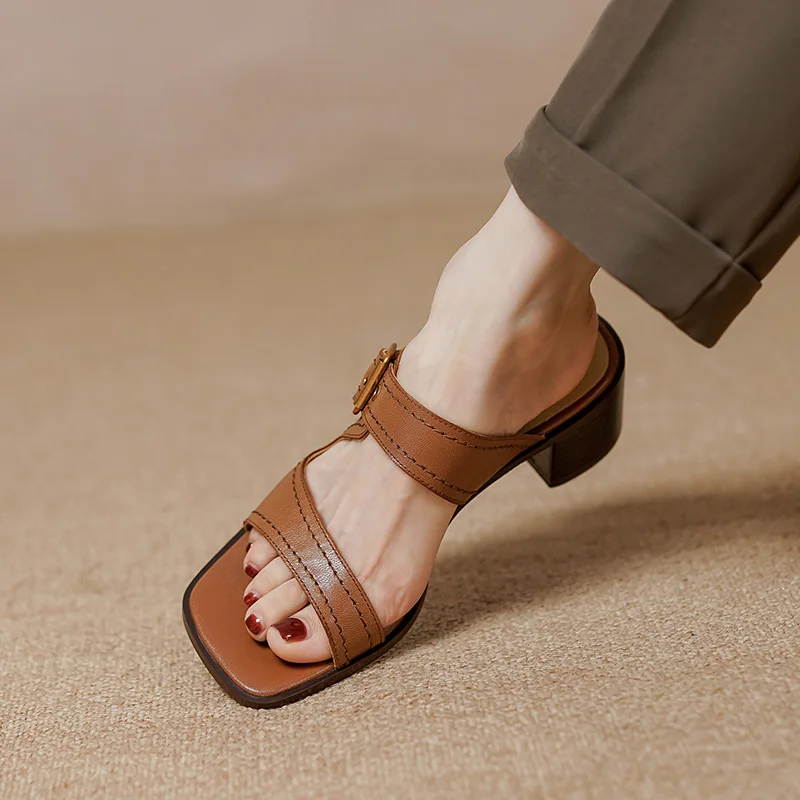 2022 Нови Дамски Сандали, чехли от естествена кожа, Модерен Лаконичен Удобни Ежедневни Пролет-лято обувки с Високи токчета, Дамски чехли Изображение 4
