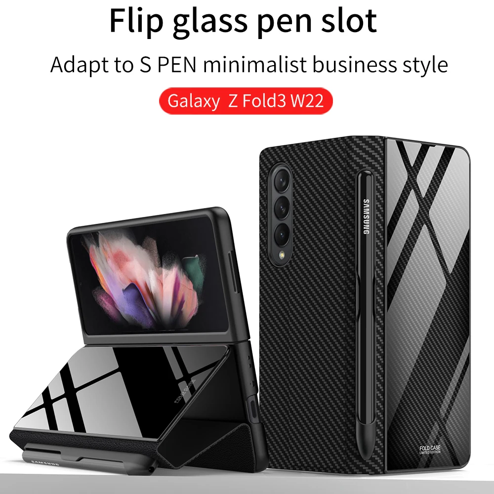 GKK Кожен Калъф С един Слот За Химикалки, изработени От Закалено Стъкло За Samsung Galaxy Z Fold 3 5G Пълна Защита на Твърд Калъф За Samsung Z Fold3 5G Калъф Изображение 2