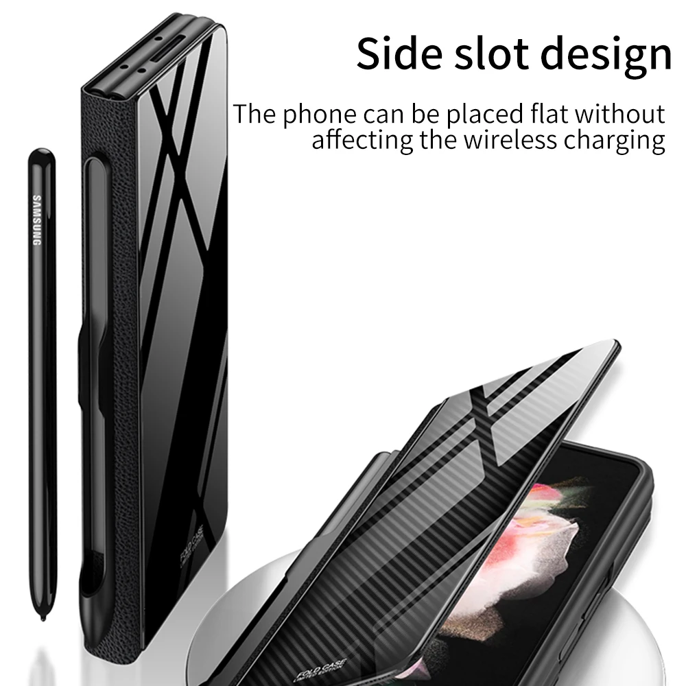 GKK Кожен Калъф С един Слот За Химикалки, изработени От Закалено Стъкло За Samsung Galaxy Z Fold 3 5G Пълна Защита на Твърд Калъф За Samsung Z Fold3 5G Калъф Изображение 3