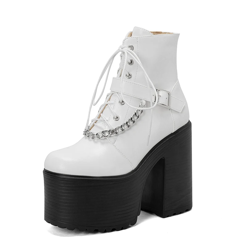 IceyZoey, размери 35-43, 2023, зимни ботильоны, обувки на платформа и висок ток, украса с веригата, колан, модни дамски обувки в стил пънк Изображение 1