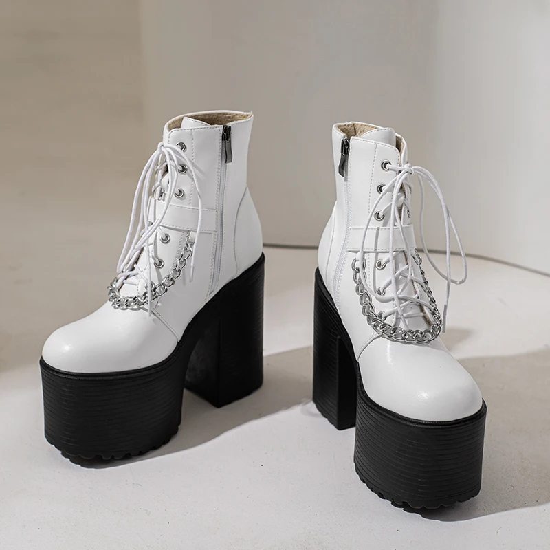 IceyZoey, размери 35-43, 2023, зимни ботильоны, обувки на платформа и висок ток, украса с веригата, колан, модни дамски обувки в стил пънк Изображение 4