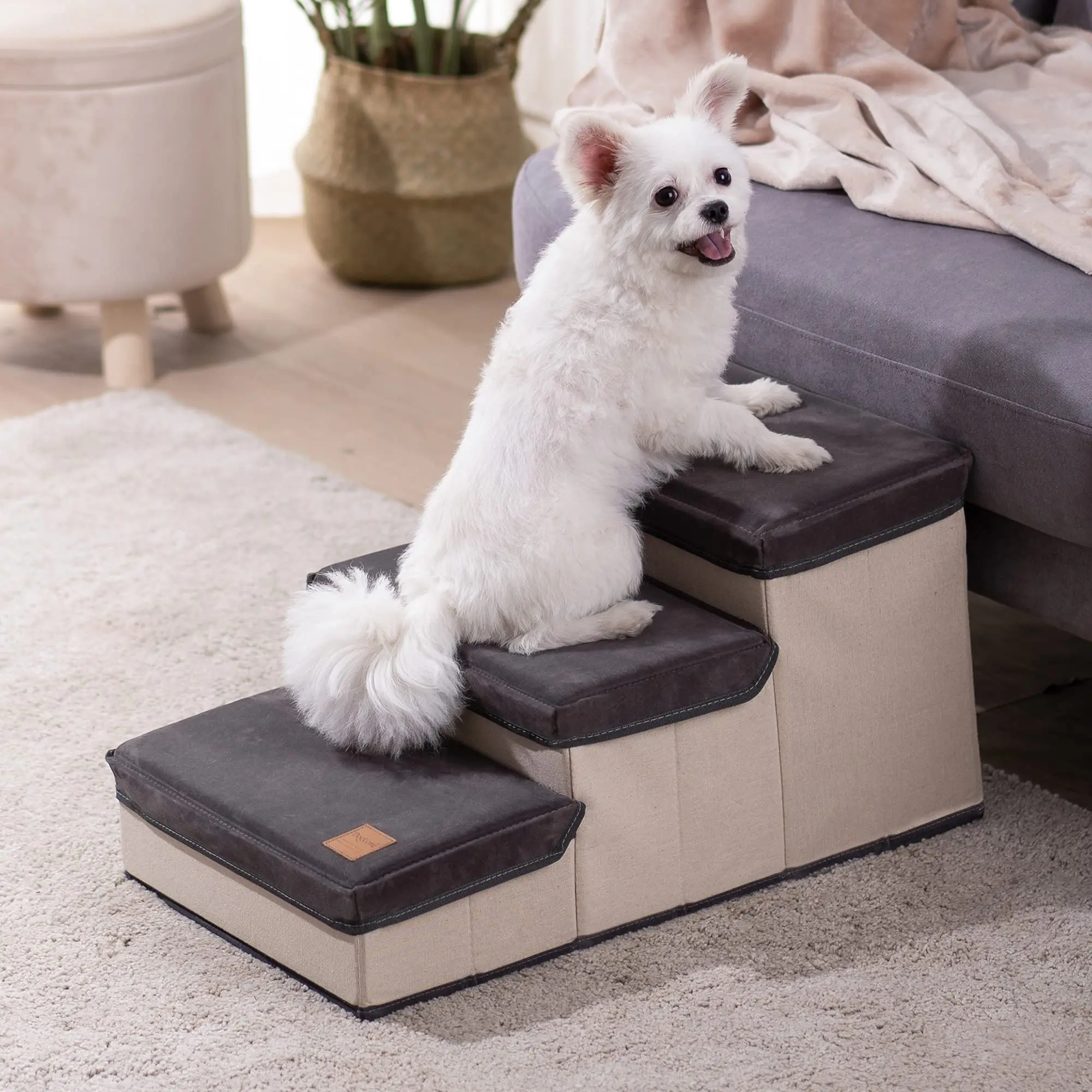 Mewoofun Стълба за кучета за малки кучета Сгъваеми 3-диференцирани стъпала и за кучета за дивана-легло могат да се Настанят до 15 кг Средни стълба за кучета в наличност в САЩ Изображение 1