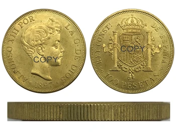 1897 Испания 100 Песета Алфонсо XIII, 3-та портрет златна монета Месингови Сбирка Копирни Монети