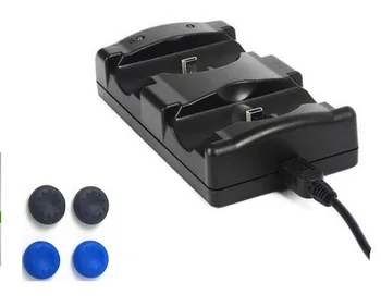 2 в 1 За Sony PlayStation 3 PS3 Безжичен Bluetooth Контролер Преместване на Двойно Зареждане USB Зарядно Устройство, Захранван от Докинг станция + 6 БРОЯ Силиконови Шапки