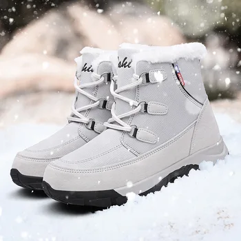 2019 г., дамски зимни обувки, непромокаеми нескользящие зимни обувки за родители и деца на дебелите меху, водоустойчив и топло обувки на платформа, по-големи размери 35-42