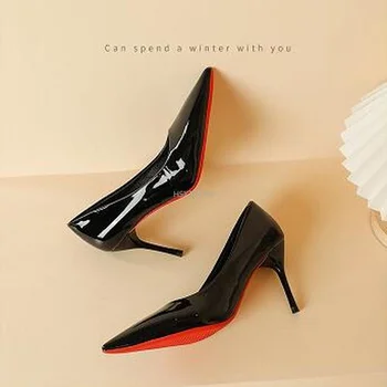 2022 Модерен дизайн, Чубрица обувки с остър пръсти на червената Подметка, дамски Обувки на висок Ток-висок ток, Модерно Сватбена рокля, вечерни Обувки На Висок ток