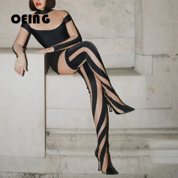 2022 Пролетни дамски Черен, телесен цвят, дълги мрежести обувки в стил мозайка, пикантни ботуши над коляното с остри пръсти, ботуши на висок ток, Botas De Mujer