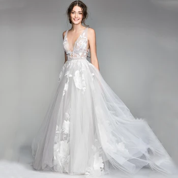 3D Флорални Дантелени Апликации 2022 С V-образно деколте и отворен гръб Трапециевидное Тюлевое Сватбена Рокля Destinaiton Сватбена рокля robes de mariées