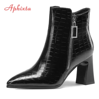 Aphixta/дамски обувки с змеиным модел, украсена с кристали, с катарама, с остри пръсти, Ботильоны на Квадратен ток 8,5 cm с Цип, дамски обувки-лодка с кристали