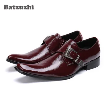 Batzuzhi/Официалната Кожени обувки, мъжки Oxfords с Квадратни Пръсти и Изкривени, кожени модела обувки в света на стил, вино-червено Сватбени Обувки, мъжки Вечерни