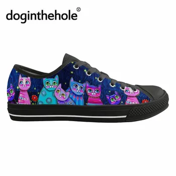 Doginthehole Galaxy/ Класически Парусиновая Обувки на плоска подметка с Принтом Котка за Дами, Дамски Обувки на плоска подметка с шнур за Момичета, Обувки с ниски Берцем, Маратонки