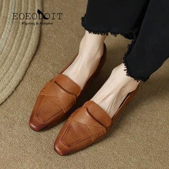 EOEODOIT/женски лоферы на среден ток; обувки-лодка; Кожа обувки с квадратни пръсти; слипоны с перфорации тип 