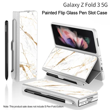 GKK Кожен Калъф С един Слот За Химикалки, изработени От Закалено Стъкло За Samsung Galaxy Z Fold 3 5G Пълна Защита на Твърд Калъф За Samsung Z Fold3 5G Калъф