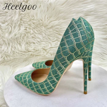 Heelgoo/ Женски зелени Обувки на Висок Ток с ефект на Крокодилска кожа със Златен Модел за Партита, Срещи, Блестящи Дамски официални Обувки-лодка на висок ток