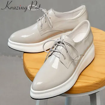 Krazing Pot/нови модни маратонки от естествена кожа, дантела, ежедневни обувки на платформа с високи подметки, увеличена вулканизированная обувки L9f1