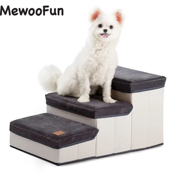 Mewoofun Стълба за кучета за малки кучета Сгъваеми 3-диференцирани стъпала и за кучета за дивана-легло могат да се Настанят до 15 кг Средни стълба за кучета в наличност в САЩ