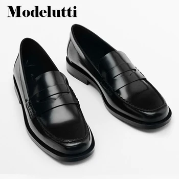Modelutti/Новост 2022 г.; Есенна Мода обувки на плоска подметка от естествена кожа, с кръгли пръсти; Основни лоферы; Однотонная Проста Ежедневна Универсална Дамски обувки