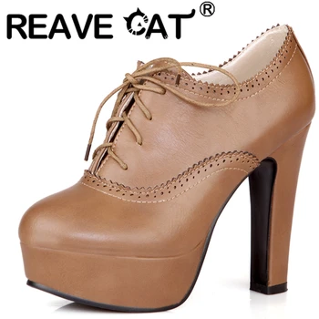 REAVE CAT/дамски обувки-лодка в ретро стил върху платформа, с кръгло бомбе, дантела, 12 см, обувки на висок ток US15 16, Черно, Каки, Бежово, Кафяво, A4205