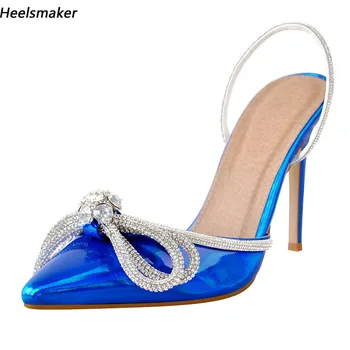 Sukeia/Дамски летни обувки с каишка отзад, Ръчно изработени С Кристали, Лакирани, с остри пръсти, Прекрасни синьо-червени обувки за Бала, женски-големи размери САЩ 5-15