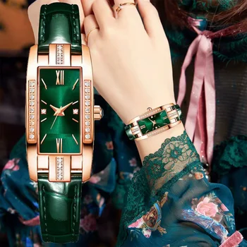 WOKAI висок клас класически ретро женски каишка кварц квадратни зелени кварцов часовник Студентски дамски часовници луксозен стил