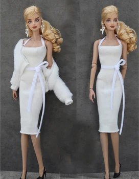 бял комплект дрехи/палто + трикотажное рокля + колан/ръчна работа, 30 см, стоп-моушън дрехи, зимни дрехи, облекло За 1/6 Xinyi FR ST Кукла Барби