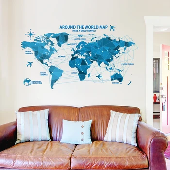 Водоустойчив 3d сини стикери за стена с карта на света, етикети за офис площи, декор, творческа стенно изкуство, спалня за декорация на дома, стикери за стена
