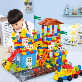 Големи Частици Мрамор Състезанието Бягане Слайд Тухли Градска Къща от Покрива на Замъка Строителни Блокове Комплекти САМ Забавни Играчки за Деца
