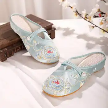 Дамски летни Нескользящие домашни чехли с мека подметка Baotou, Сатен Домашни пантофи с Бродерия, класически домашни пантофи в национален стил ретро