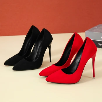 Дамски обувки голям размер 35-45, 2021 г., лаконичен дамски обувки-лодка от флока на висок ток с остър пръсти, класически червени, сиви дамски обувки за сватба, офис
