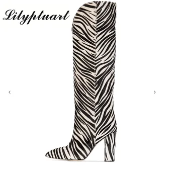 Директни дамски ботуши до коляното в европейски и американски стил, с шарките на зебра от конски косъм на дебелите обувки с токчета, ботуши до Коляното