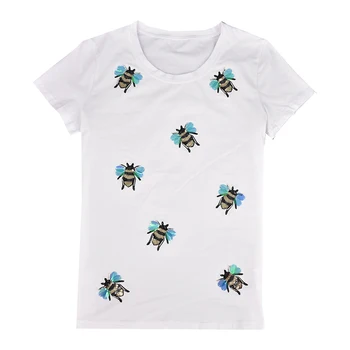 Жена случайни пуловер с кръгло деколте, риза с пайети, 3D принтом пчелите, пролетта топ с къс ръкав, бяла, сива тениска, памучен риза