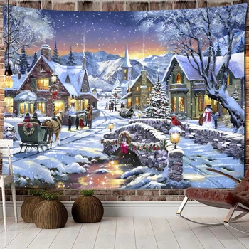 Коледен дървена снежна гоблен, монтиран на стената подарък за нова година, лосове, бохо, завеса за легла, начало декор в общежитието, 200x150 см