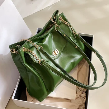 Луксозна Зелена Чанта На Рамото, Жените са Темпераментни Универсална Чанта с Веригата, Чанти През Рамо, по-Голямата Голям Текстура, Меки Чанти От Изкуствена Кожа, Офис дамски чанти