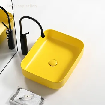 Матиран Жълт Правоъгълен Керамични Домакински Творчески Мивка Bathroom, Balcony Art Мивка, Плот за Мивка 500*400*140 мм