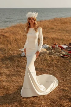 Модерен Момиче като Слонова кост Атласное Просто Сватбена рокля 2023 с Кръгло деколте и Дълъг Ръкав Дължина до пода Сватбени Рокли сватбена рокля Препоръчваме