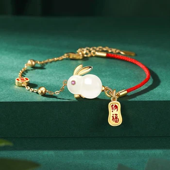 Натурален Hotan нефритови гривна със заек за жени е изтънчен чар класически червен дизайн въже гривни леки луксозни бижута, подаръци