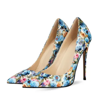 Печат На Цвете Жена Помпи Обувки От Лачена Кожа На Висок Ток За Сладки Малки Обувки Жена-Голям Размер На Сини Цветя Сватбени Обувки