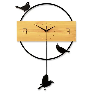 Скандинавските люлка стенни часовници хол творчески прости дървени часовници декорация на дома, тъпо кварцов домашни часовници
