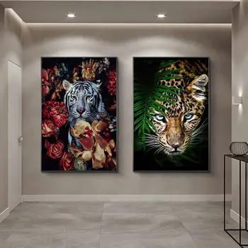 Тигър и Леопард се Крият В Цветето Платно Живопис Плакати и Щампи Стенни Художествени Картини за Хола Декорация на Дома Куадрос