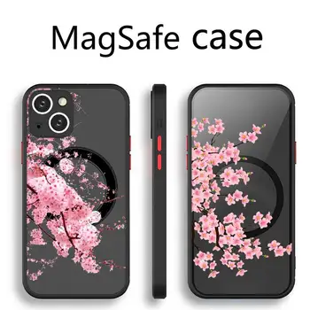 Череша Цвете, Дърво, розов Калъф За Телефон Прозрачен Магнитен Магнит Magsafe За iPhone 13 12 11 Pro Max Мини Безжична зарядно устройство ще захранване на Кутията