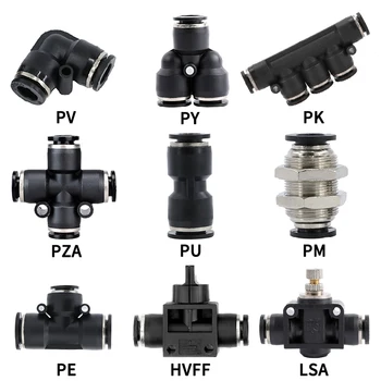 Черни пневматични изкуствени фитинги директно тип маркуч за подаване на въздух /вода и connector тръба 4-16 мм LSA / PY / PV / PE / PM / PZA / PK / HVFF / ПУ