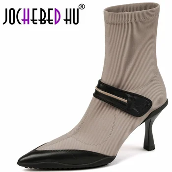 【JOCHEBED HU】 Модела обувки от естествена кожа на висок ток с остър пръсти, Черни Ботильоны, Модни Ботильоны на Тънките токчета в стил ретро