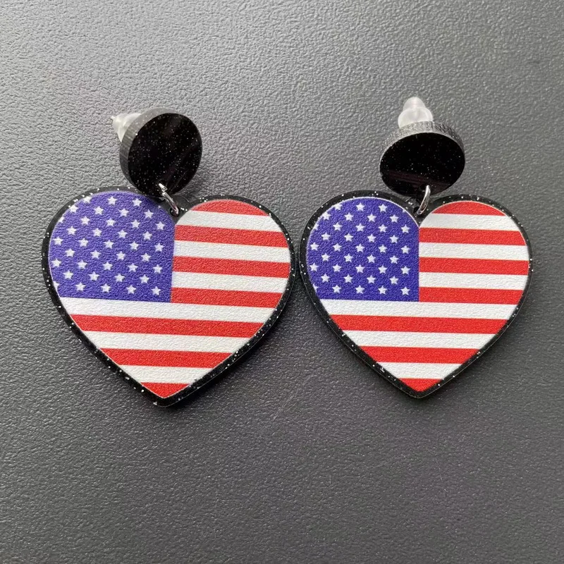 Акрилни Декорации На Тема Любов Американски Флаг Голямо Сърце Висящи Обеци Изображение 2