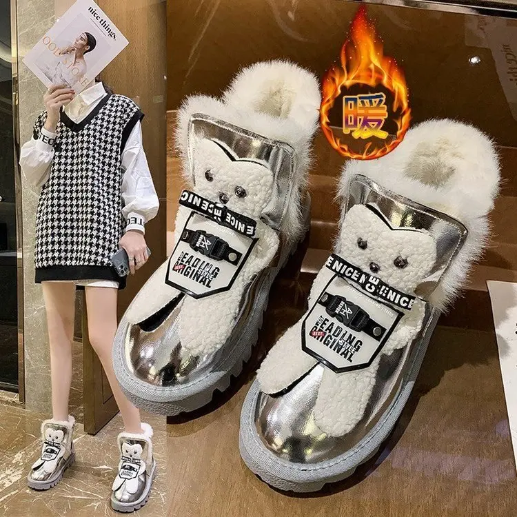 Зимни обувки, Нова дамски зимни обувки, Ботильоны на дебела подметка, с кръгло Бомбе, Топло Памучен обувки от Дебел Плюш, с цип Отстрани, сребристо-черен Изображение 0