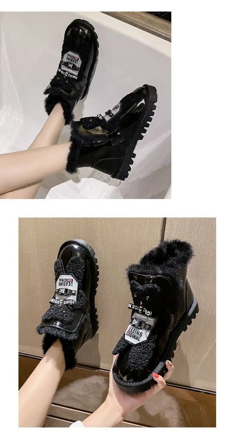 Зимни обувки, Нова дамски зимни обувки, Ботильоны на дебела подметка, с кръгло Бомбе, Топло Памучен обувки от Дебел Плюш, с цип Отстрани, сребристо-черен Изображение 5
