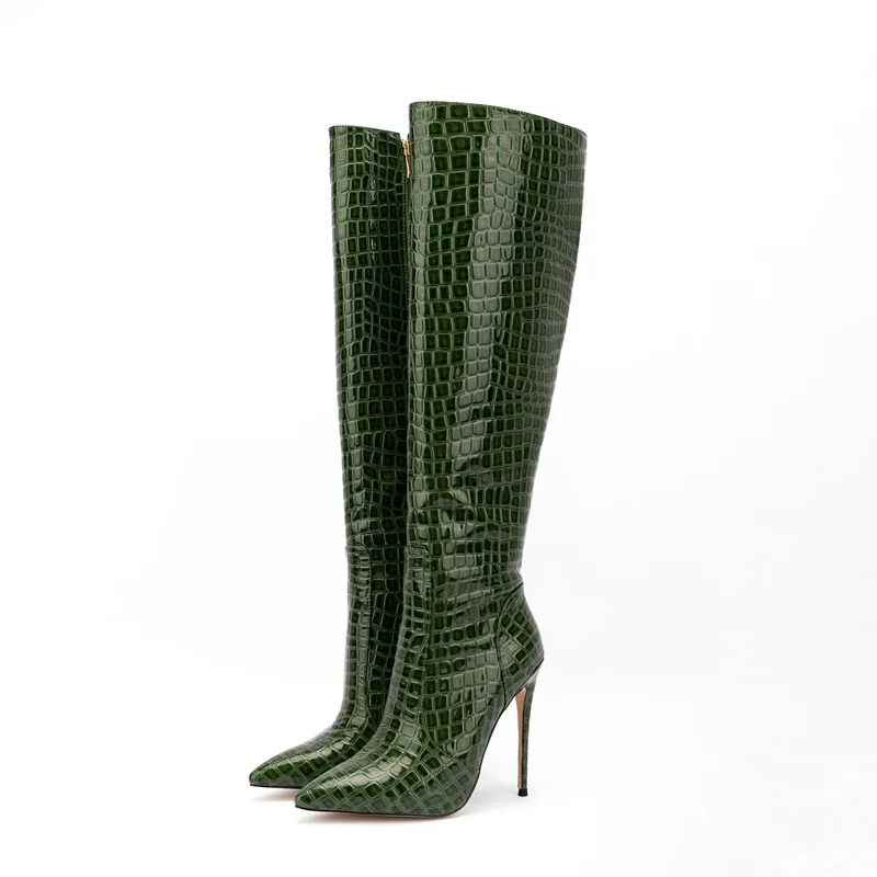 Пикантен дамски обувки; Ботуши до Коляното на много висок ток 12 см; женски ботуши от изкуствена кожа с остри пръсти на висок ток; сезон Есен-Зима; женски Изображение 3